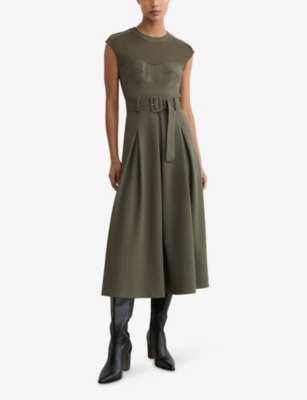 REISS: Ava Belted-Waist Stretch-Woven Midi Dress