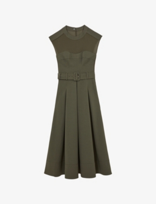 Womens Reiss Ava Belted-Waist Stretch-Woven Midi Dress