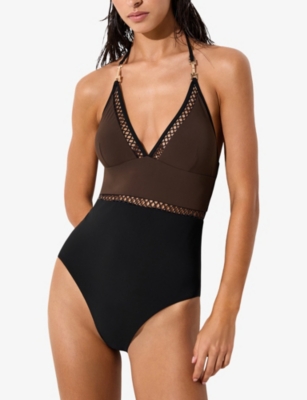 Reiss Womens Chocolate Brown Black Ray Colour-block Stretch-woven Swimsuit In Brown