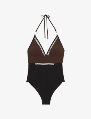 Reiss Womens Chocolate Brown Black Ray Colour-block Stretch-woven Swimsuit In Brown