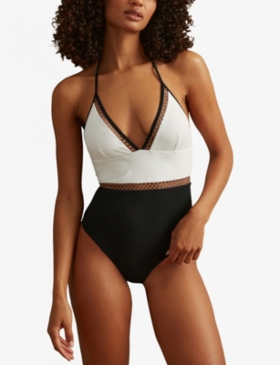 Reiss Womens  Ray Colour-block Stretch-woven Swimsuit In Black