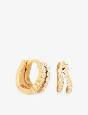 ASTRID & MIYU: Bezel Duo 18ct Gold-Plated Sterling Silver and Opal Huggie Hoop Earrings