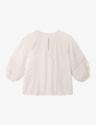 The White Company: Volume-Sleeved Lace-Trim Linen Blouse
