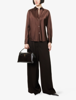 Vince Womens Espresso Relaxed-fit Long-sleeves Silk Shirt In Brown