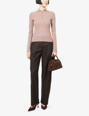 Vince Womens Beet Root Ribbed Long-sleeves Cashmere And Silk Polo Top Xs In Pink