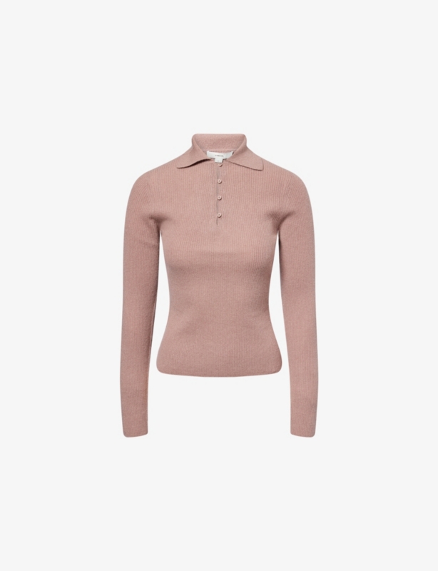 Ribbed Long-Sleeves Cashmere And Silk Polo Top