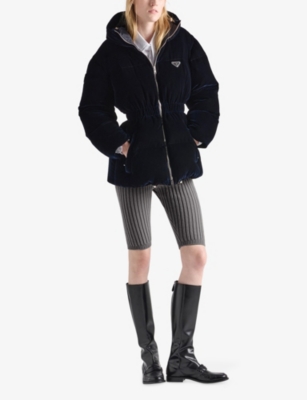 Prada Velvet Hooded Puffer Jacket In Blue