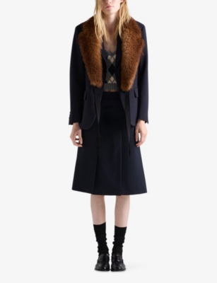Prada Womens Blue Single-breasted Branded Wool Jacket In Blue