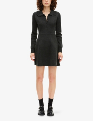 The Kooples Womens Black Frill-collar Long-sleeved Knitted Mini Dress Xs In Black