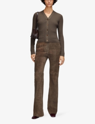 Joseph Womens Mushroom Ribbed Stretch Merino-wool Cardigan In Brown