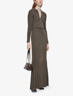 Joseph Womens Mushroom Pleated Ribbed Wool Knitted Maxi Skirt Xs In Gray