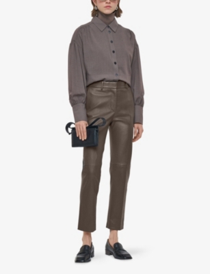 Joseph Womens Mushroom Coleman Straight-cut Leather Trousers In Gray