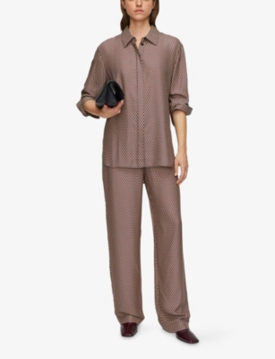 Joseph Womens Sahel Graphic-print High-rise Silk-blend Trousers Ruby Combo In Brown