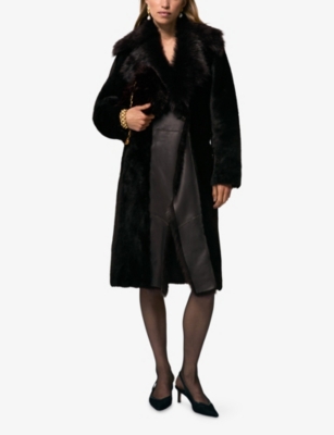 Reiss Womens Chocolate Brown Elia Notched-collar Leather And Shearling Coat In Black