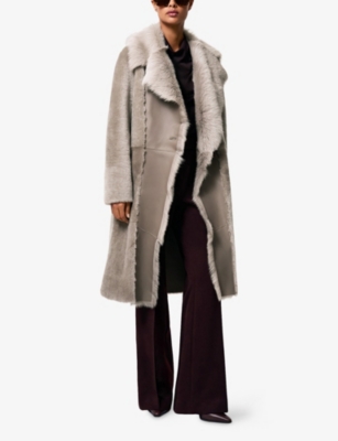 Reiss Womens Neutral Elia Notched-collar Leather And Shearling Coat In Neutral