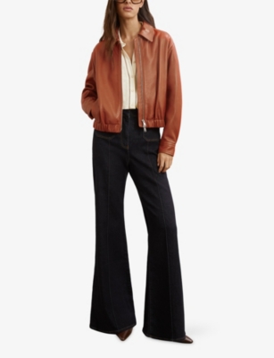 REISS: Lottie Cropped Leather Bomber Jacket