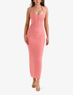 House Of Cb Womens Coral Lusilla Halterneck Stretch-mesh Midi Dress In Orange