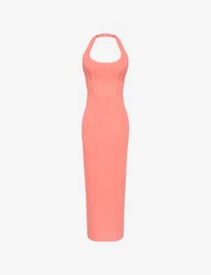 House Of Cb Womens Coral Lusilla Halterneck Stretch-mesh Midi Dress In Orange