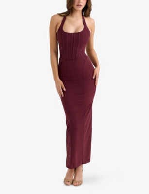 House Of Cb Womens Grape Lusilla Halterneck Stretch-mesh Midi Dress In Red