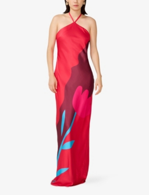 Omnes Womens Andy Halterneck Satin Maxi Dress Tulip Collage Print