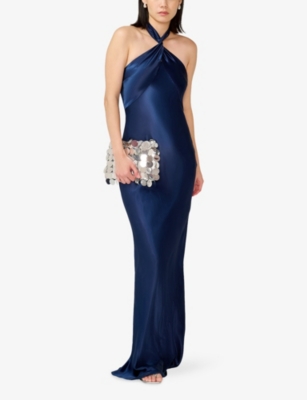 Omnes Womens Navy Arles Halterneck Satin Maxi Dress In Blue
