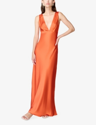 Omnes Womens Tangerine Casey V-neck Satin Maxi Dress In Orange