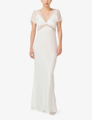 Omnes Ivory Meadow Flutter-sleeved Woven Bridal Gown In White