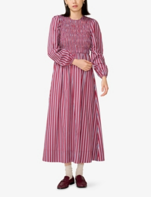 Omnes Womens Saint Striped Cotton Midi Dress Blue Brown Stripe In Red