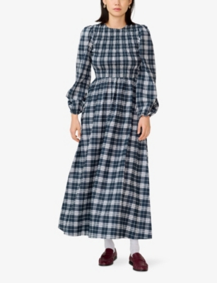 Omnes Womens Saint Checked Cotton Midi Dress Navy Check In Multi