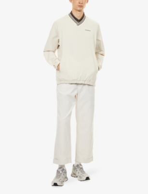 Manors Mens Ivory Striped V-neck Shell Windbreaker Pullover In White