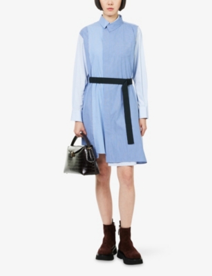 Sacai Womens Stripe Mix Stripe-print Belted Cotton-poplin Shirt Dress In Blue