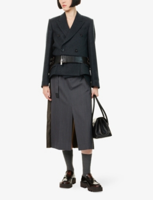 Sacai Belted Paneled Striped Woven And Pleated Satin-twill Midi Skirt In Gray