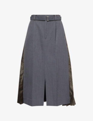 Sacai Belted Paneled Striped Woven And Pleated Satin-twill Midi Skirt In Gray