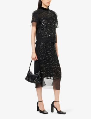 Sacai Womens Black Sequin-embellished Layered Midi Skirt In Black