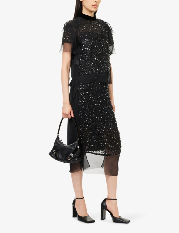 Sequin-Embellished Layered Midi Skirt