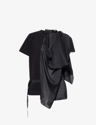 Sacai Womens Black Black Layered Draped Satin And Cotton-jersey T-shirt In Black