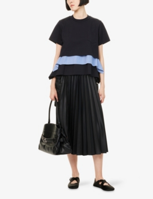 Sacai Womens Navy Blue Stripe Tiered Patch-pocket Cotton Top Xl In Blue