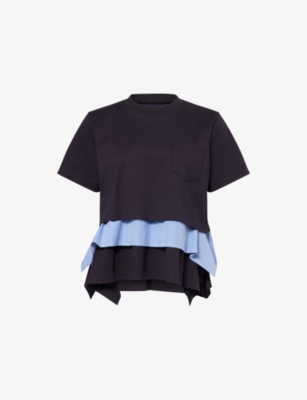 Sacai Womens Navy Blue Stripe Tiered Patch-pocket Cotton Top Xl In Blue