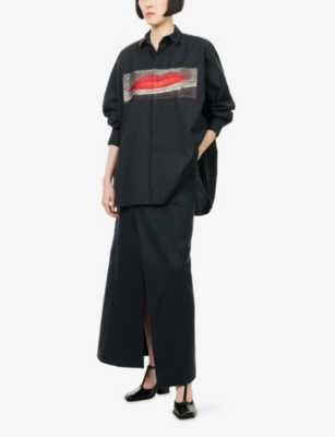 Sacai Womens C Gray Graphic-embroidered Long-sleeve Wool Shirt In Gray