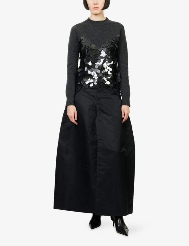 V-Slit High-Rise Twill Midi Skirt