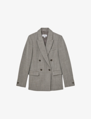 Reiss Womens  Ember Double-breasted Herringbone Wool And Cotton-blend Blazer In Gray