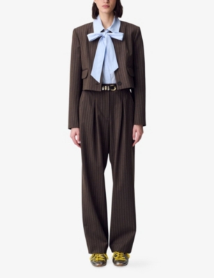 Claudie Pierlot Womens Brown Cropped Stripe-print Wool-blend Jacket In Animal Print