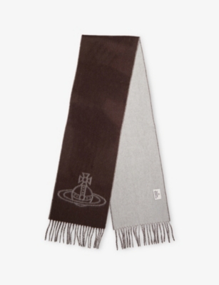 Vivienne Westwood Mens Brown Single Orb Fringed Wool Scarf In Brown
