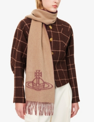 Vivienne Westwood Mens Camel Single Orb Fringed Wool Scarf In Brown