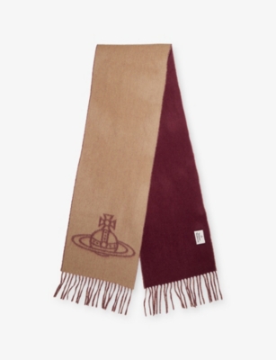 Vivienne Westwood Mens Camel Single Orb Fringed Wool Scarf In Brown