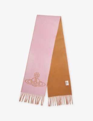 Vivienne Westwood Mens Cotton Pink Single Orb Fringed Wool Scarf In Multi
