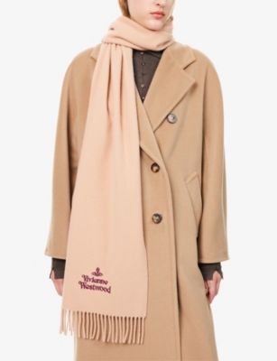 Vivienne Westwood Mens Beige Brand-embroidered Fringed Wool Scarf In Sand
