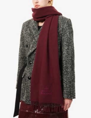 Vivienne Westwood Mens Bordeaux Brand-embroidered Fringed Wool Scarf In Burgundy