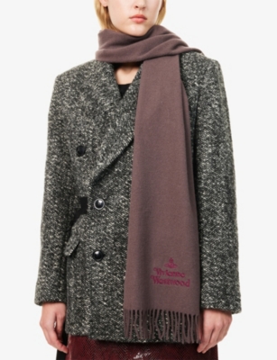 Vivienne Westwood Mens Brown Embroidered Logo Wool Scarf In Brown