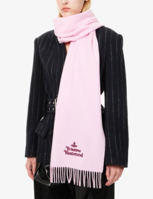 Vivienne Westwood Mens Pink Brand-embroidered Fringed Wool Scarf In Pink